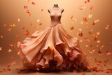 a mannequin dress on display next to a lot of autumn leaves