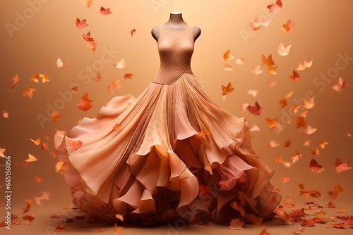 a mannequin dress on display next to a lot of autumn leaves photo