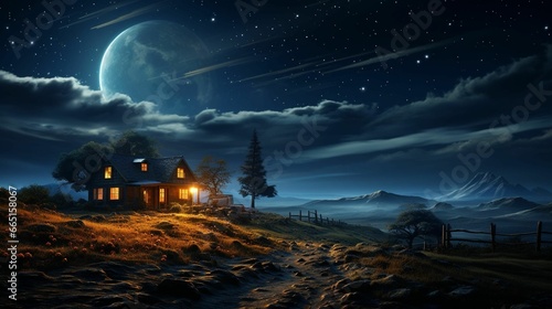 Obraz na płótnie AI generated illustration of a wooden cabin on a hill at night