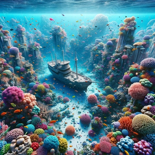 AI generated illustration of a stunning view of a boat surrounded by colorful corals