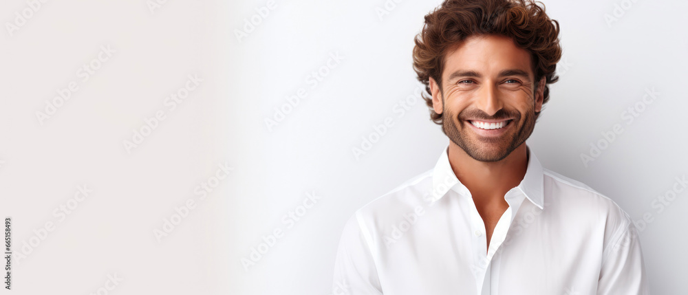 Obraz premium Happy smiling man, guy isolated on white background. portrait shoot. Close up. Mockup, template with copy space. Generative ai. 