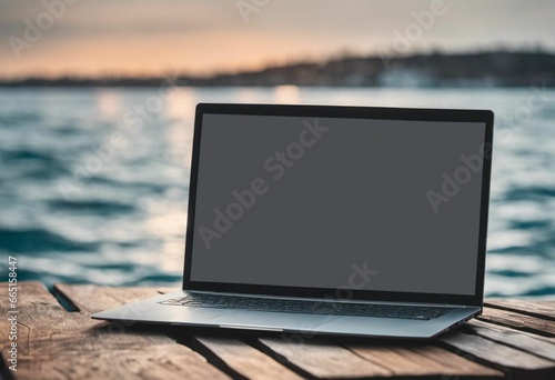 an open laptop computer on a wooden table by the water