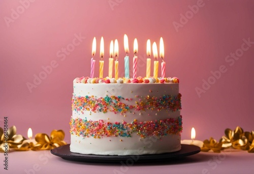 birthday cake with white frosting and lit candles against a pink background