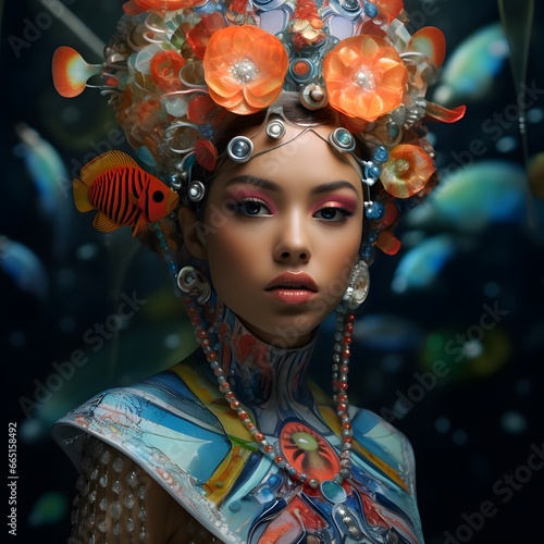 Portrait collage of stunnig gorgeous lady floating under water with gold fish sea princess character.