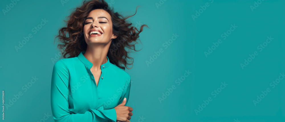 Charming smiling brunette girl, young woman, female isolated on turquoise background. Youth Female portrait shoot. Close up. Mockup, template with copy space. Generative ai. Charming smiling brunette girl, young woman, female isolated on turquoise background. Youth Female portrait shoot. Close up. Mockup, template with copy space. Generative ai.
