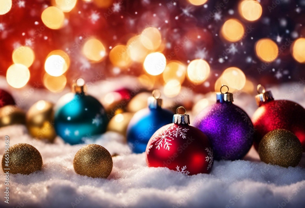 ornaments are shown in the snow surrounded by christmas lights and boke lights ornaments are shown in the snow surrounded by christmas lights and boke lights
