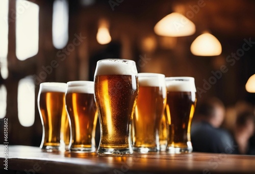 rows of beer glasses lined up on a bar with people sitting in the background