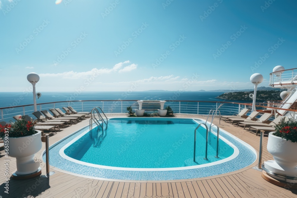 Sunny day on a cruise ship enjoying the sea view and luxury outdoor pool. Sunny day on a cruise ship enjoying the sea view and luxury outdoor pool.