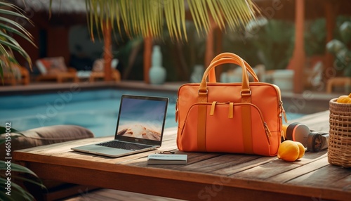 Laptop and handbag are sitting on a wooden table next to a swimming pool, AI-generated. © Wirestock