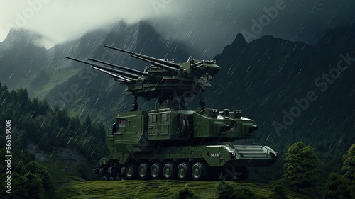 air defense radars and locators, military mobile antiaircraft systems, highlighting the green color and the backdrop of beautiful clouds.