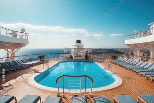 A luxury cruise ship with a luxurious large swimming pool, a comfortable and extravagant vacation. photo