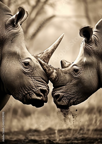 AI generated illustration of two Rhinoceroses covered with mud in a savannah photo