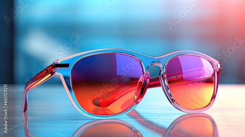 a pair of sunglasses in a well-lit environment, showcasing their design and details.