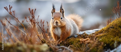 Red squirrel perched on a tree branch, its long bushy tail swaying in the breeze, AI-generated.