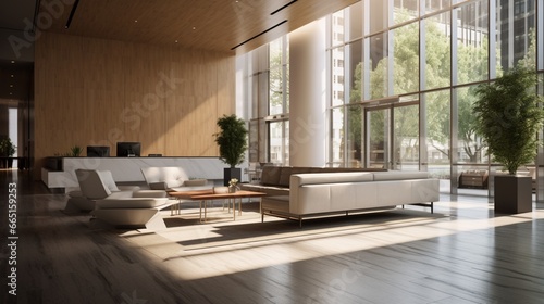 A sleek, modern office lobby with abundant natural light and minimalist furnishings.
