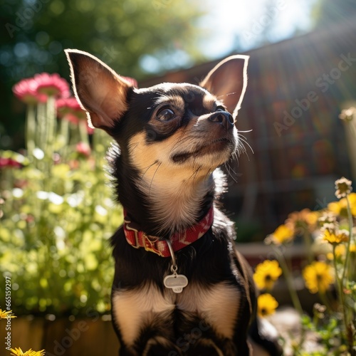 A cute little chihuahua dog sitting in a summer garden.