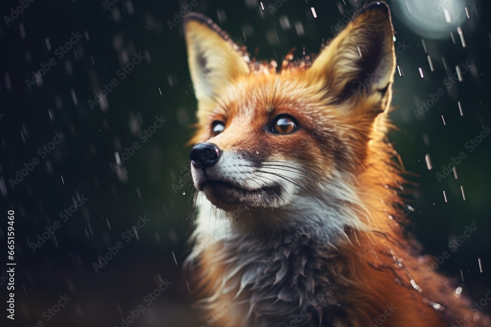 A red fox sitting in the rain. 
