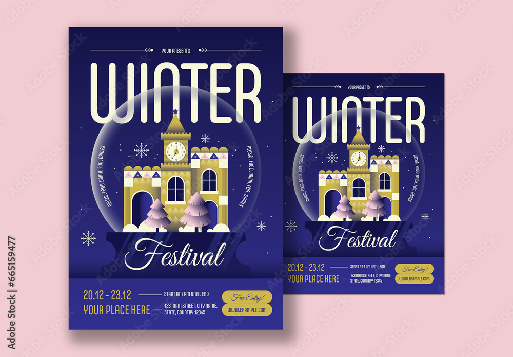 Blue Flat Design Winter Festival Flyer Layout Stock Template | Adobe Stock