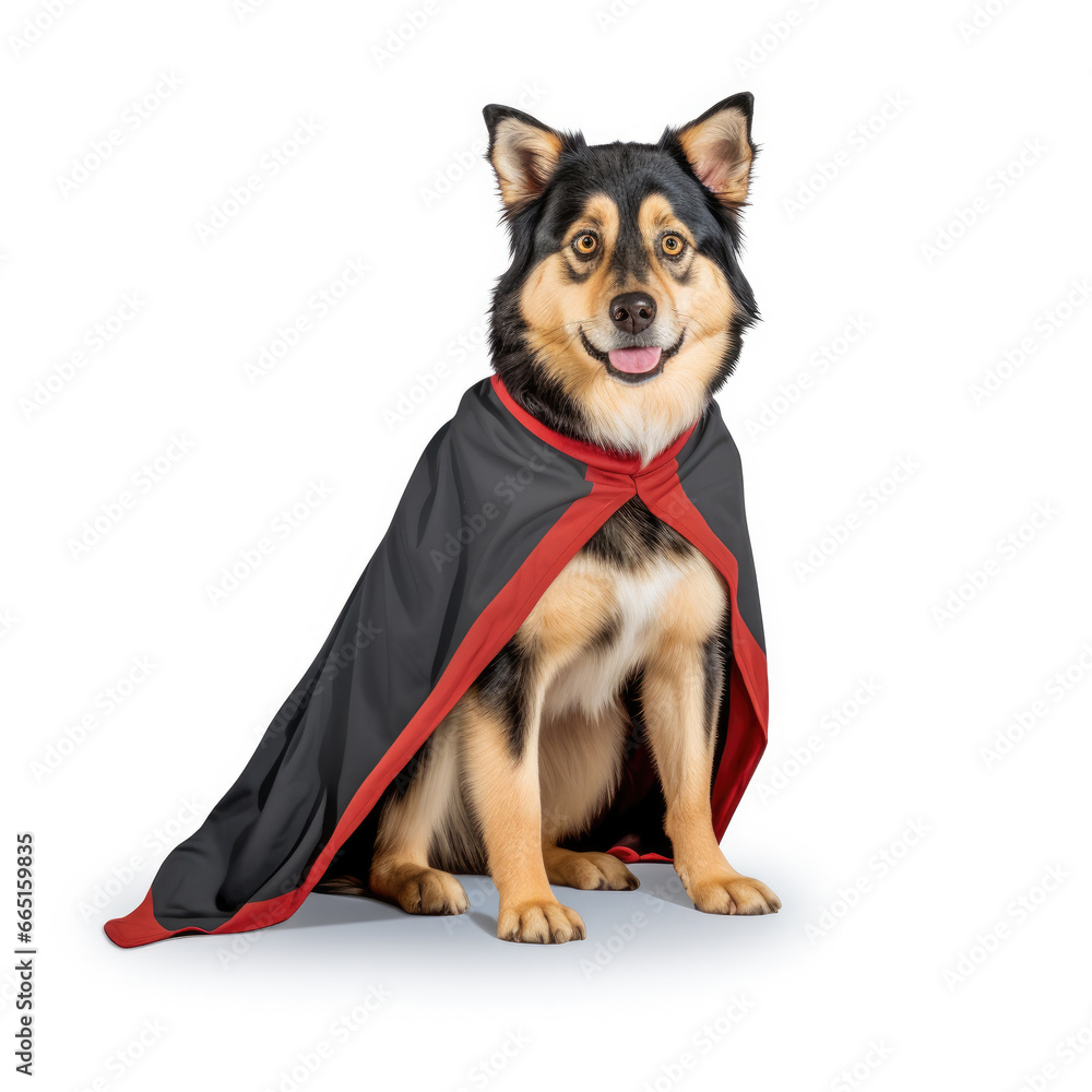 A big brown mixed shepherd breed dog wearing a superhero cape sitting on white looking at camera