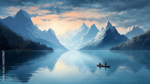 A solitary boat gently gliding on a serene, glassy lake surrounded by towering mountains.