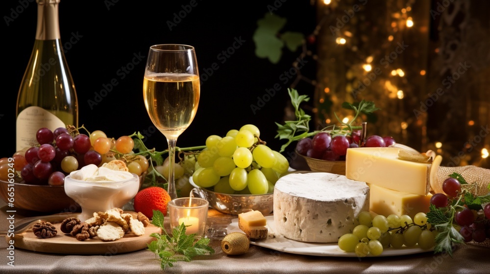 A sparkling glass of white wine chilling in an ice bucket, surrounded by a selection of gourmet cheeses and fresh grapes, a sophisticated Christmas appetizer.