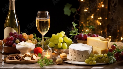 A sparkling glass of white wine chilling in an ice bucket, surrounded by a selection of gourmet cheeses and fresh grapes, a sophisticated Christmas appetizer.