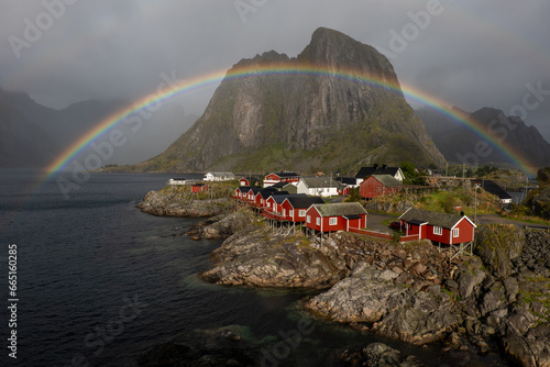 Rainbow over the famous fishermens village of Hamnøy on the Lofoten Island, Norway. photo