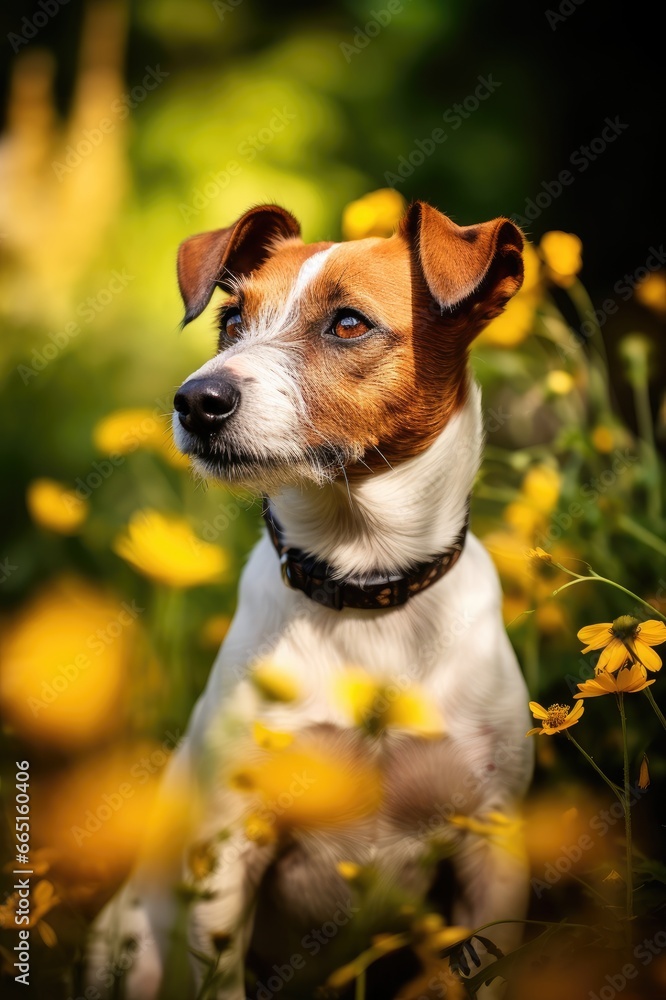 Jack Russell Terrier in a sun lit summer garden. 