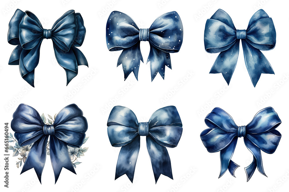 A set of different beautiful dark blue bows. Paints. Watercolor. Generative AI A set of different beautiful dark blue bows. Paints. Watercolor. Generative AI