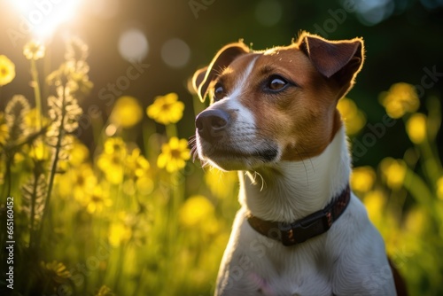 A cute Jack Russell dog sitting in a summer garden at sunset.