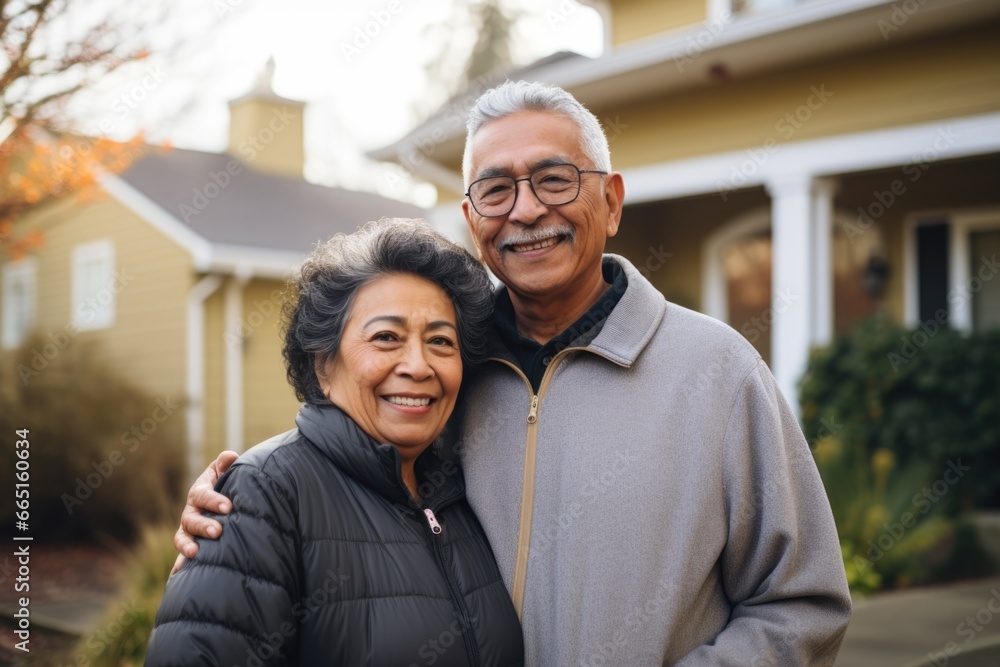 Portrait of a happy senior couple in front of their house Portrait of a happy senior couple in front of their house
