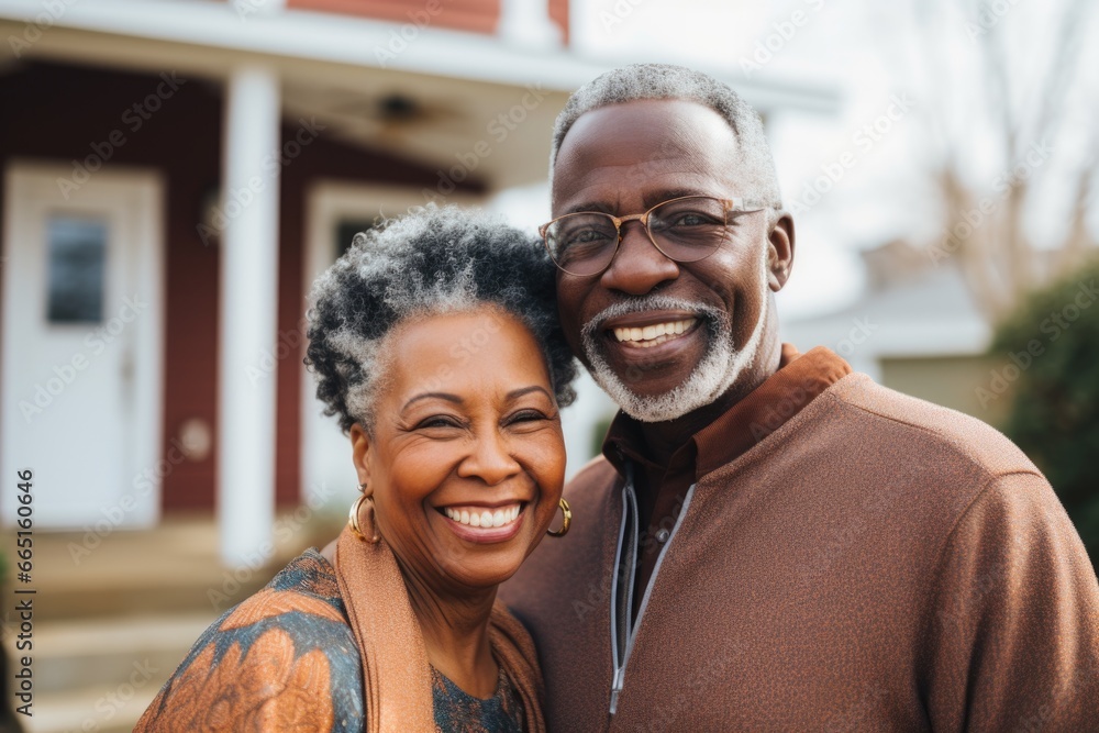 Naklejka premium Portrait of a happy senior couple in front of their house