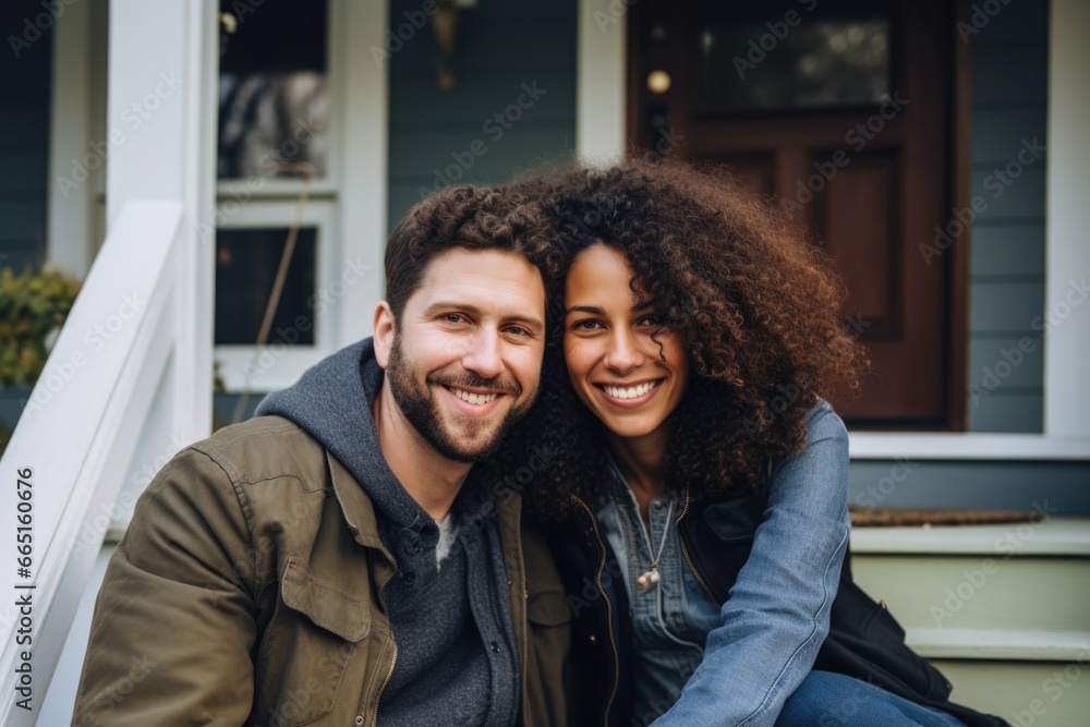 Portrait of a happy young couple in front of a house Portrait of a happy young couple in front of a house