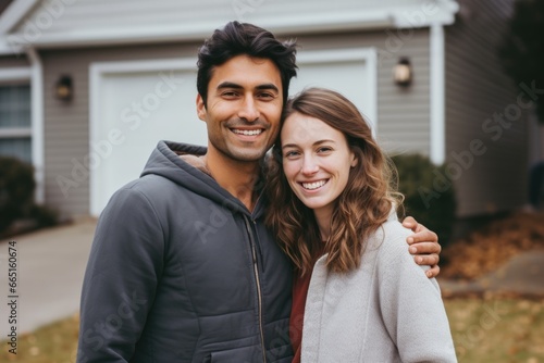 Portrait of a happy young couple in front of a house photo