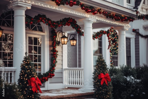 Front view of a house decorated for the Christmas and new year holidays