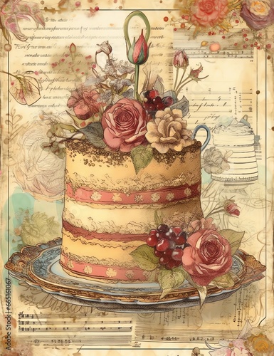 wedding cake cute baby old paper, vintage junk journal digital paper