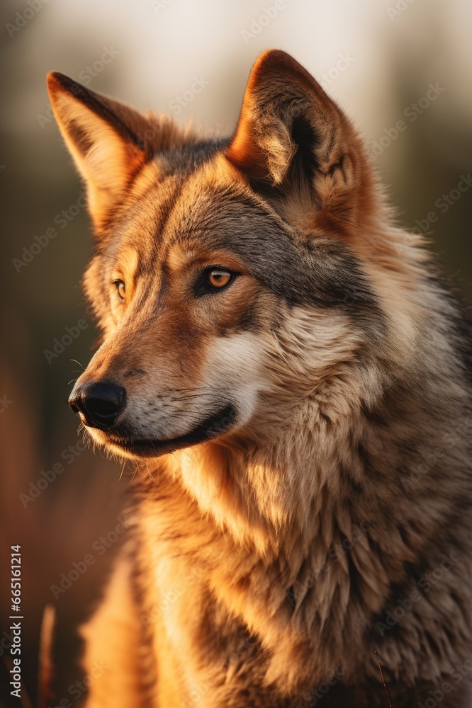 Fototapeta premium A beautiful portrait of a brown Wolf in the woods.