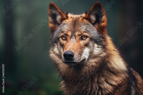 A beautiful portrait of a brown Wolf in the woods.