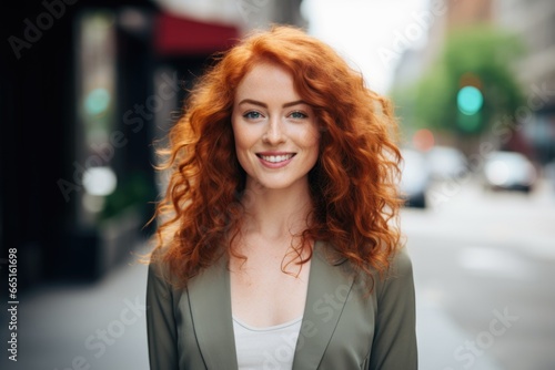 Portrait of a young redhead woman in the city