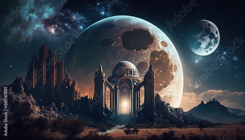 castle fantastic fantasy in planet to full moon at night 