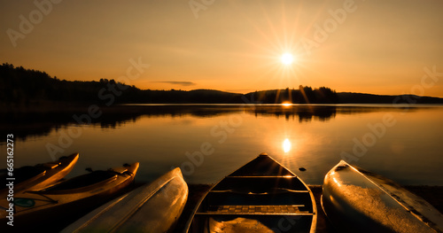 Golden Sunrise Over Northern Ontario Park: Serenity On A Two River Lake In Canada.  Travel Photography. photo
