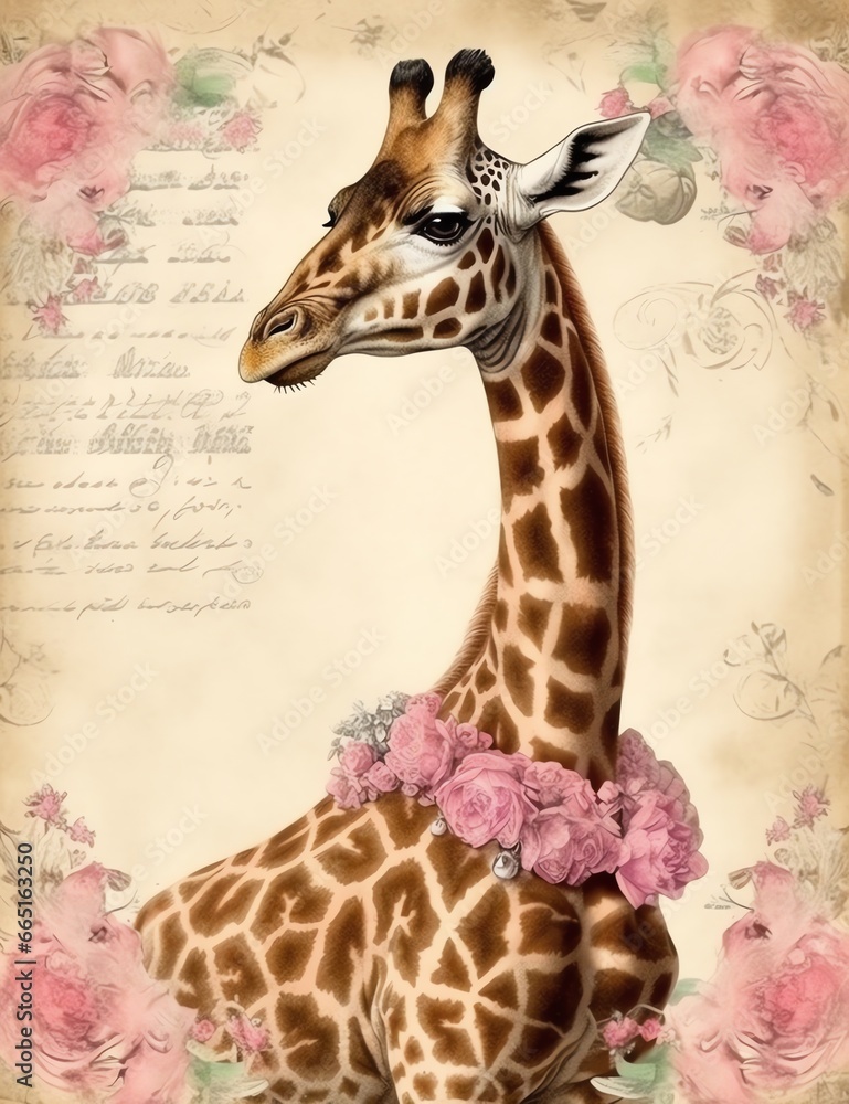 Fototapeta premium Giraffe cute baby old paper, vintage junk journal digital paper