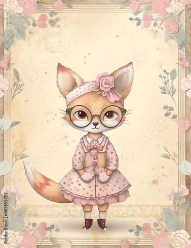 Fox cute baby old paper, vintage junk journal digital paper