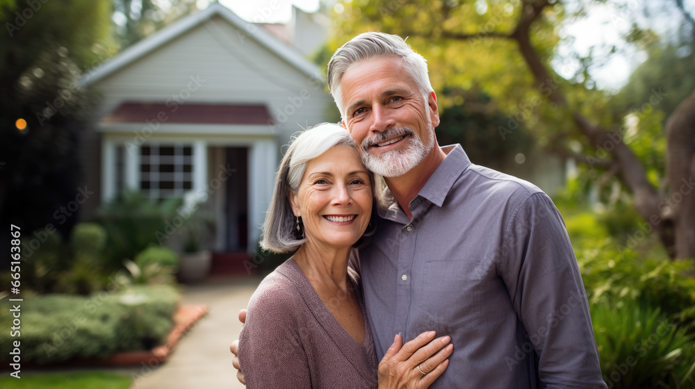 Fototapeta premium Portrait of a happy mature white couple in their home outdoors.