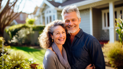 Portrait of a happy mature white couple in their home outdoors. © Farnaces
