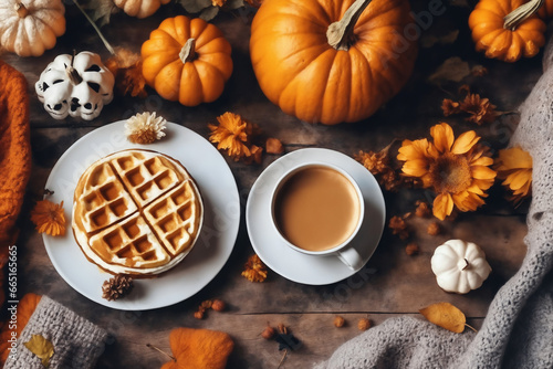 top view, still life of a cup of hot latte and waffers and pumpkins on an old wooden table against the background of beautiful autumn nature, decoration for Halloween