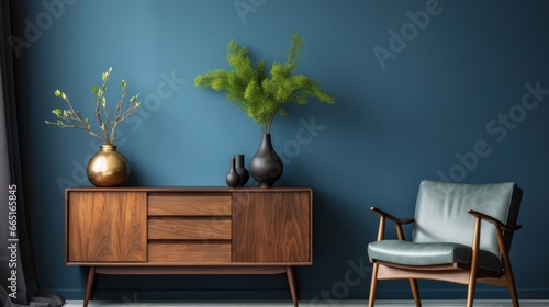 Commode with chair and decor in living room interior.