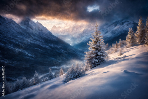 Christmas tree in a winter forest, snow covered mountains, beautiful nature at sunset, dark dramatic sky © soleg