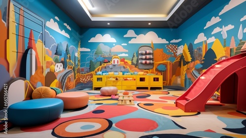 A vibrant children's playroom with colorful murals, interactive toys, and soft flooring.