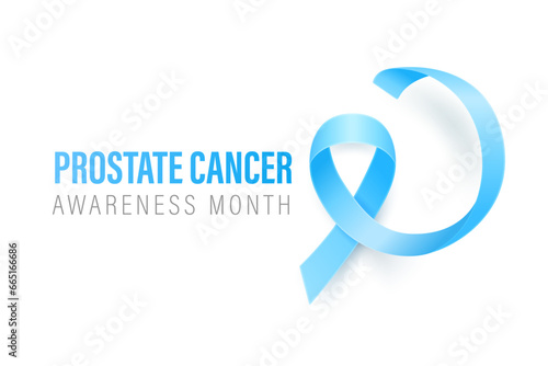 Prostate Cancer Banner, Card, Placard with Vector 3d Realistic Blue Ribbon on White Background. Prostate Cancer Awareness Month Symbol Closeup, September. World Prostate Cancer Day Concept